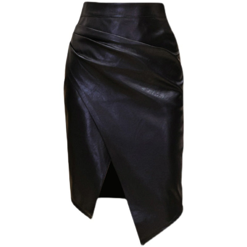 Mid-length Pleated Slimming Skirt Women Fashion Bag Hip Leather Skirt
