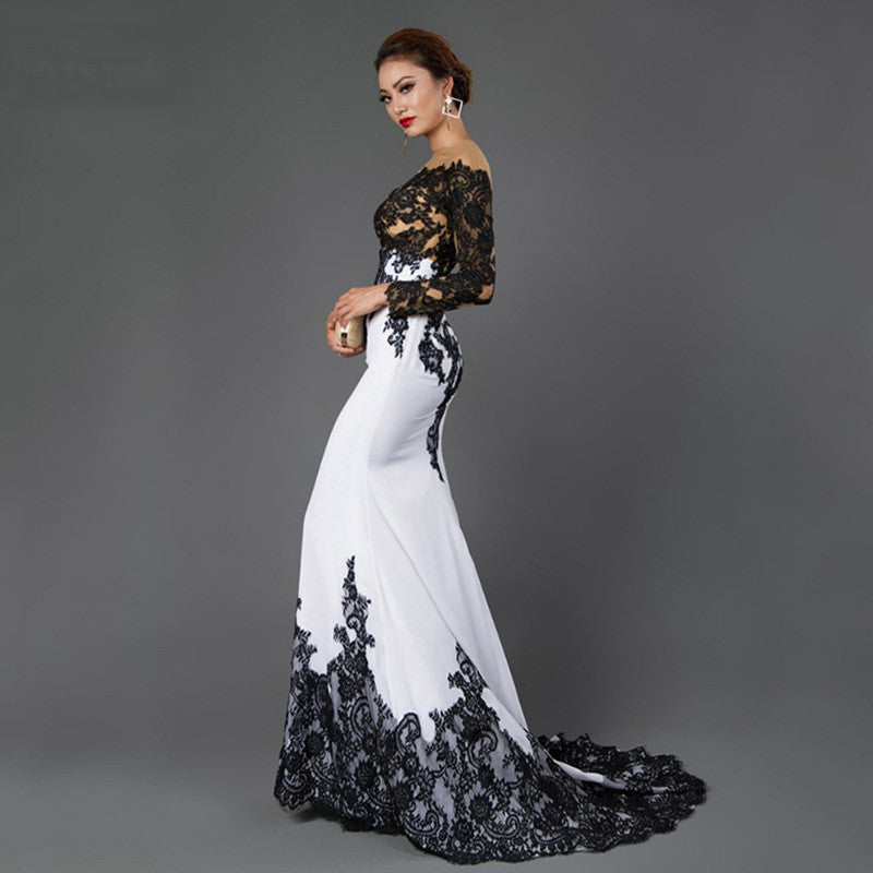 Embroidered Lace Maxi Dress With Fishtail Slim Tail