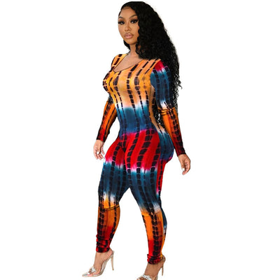 Long Sleeved Low Cut Tethered Large Size Tight Fitting Printed Jumpsuit Women