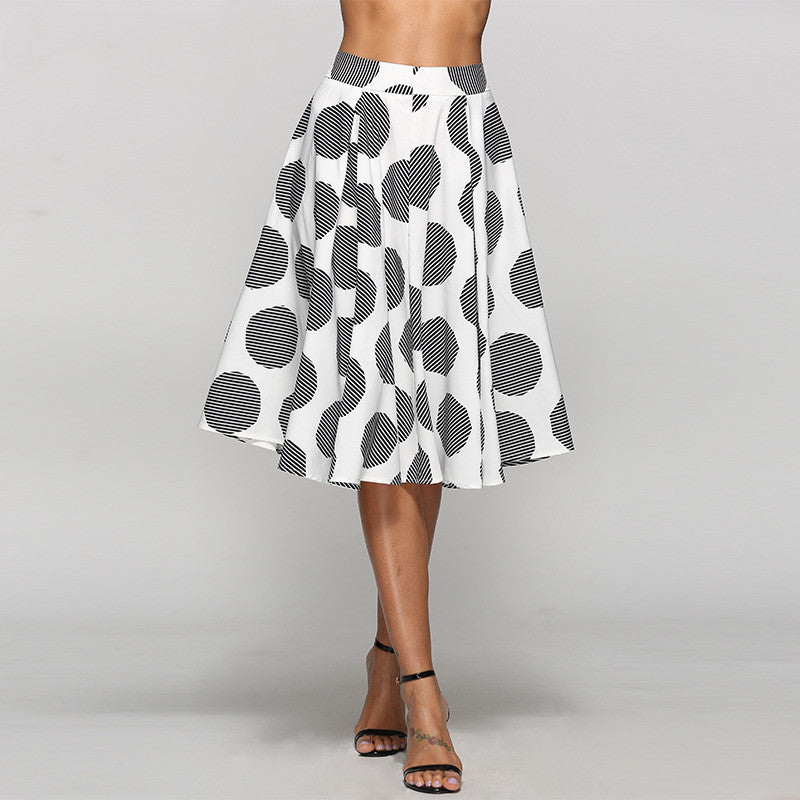 Large Polka Dot Round Slim Fit Mid-Length Skirt With Large Hem