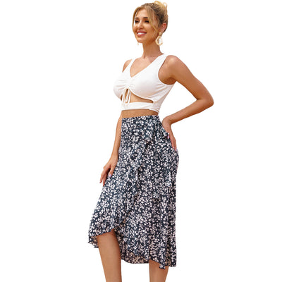 Retro Holiday Irregular Floral Wave Side Lace-Up Skirt