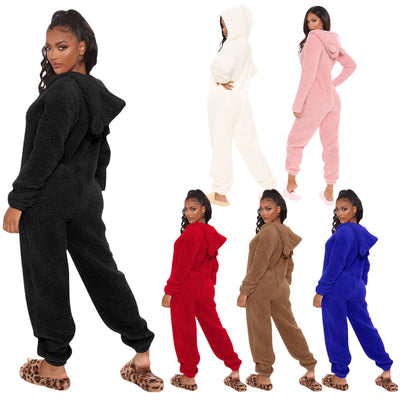 Pure Color Plush Hooded Long-sleeved Warm Home Jumpsuit With Ears
