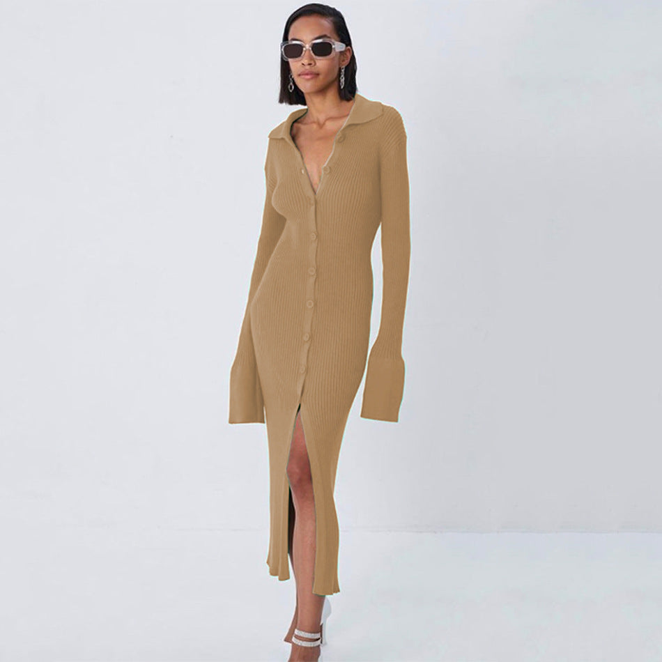 V-neck Long Button Flared Sleeve Sweater Dress