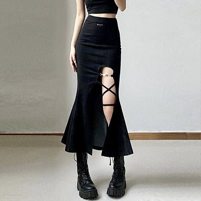 Black High Waist Women's Hollow Out Tied Fishtail Sheath Skirt