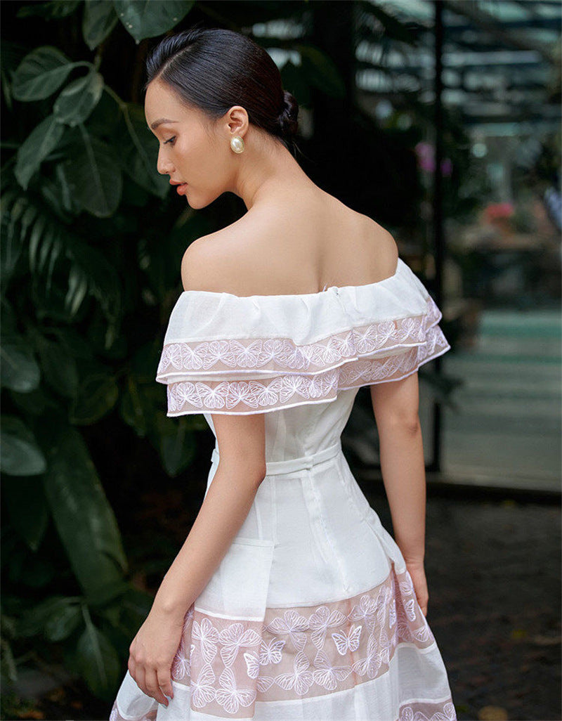 High Waist Slim And Fluffy White One-piece Dress