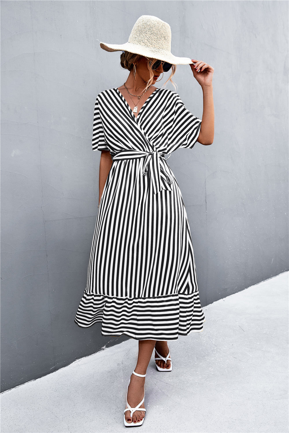 Cross V-neck Lace-up Striped Dress