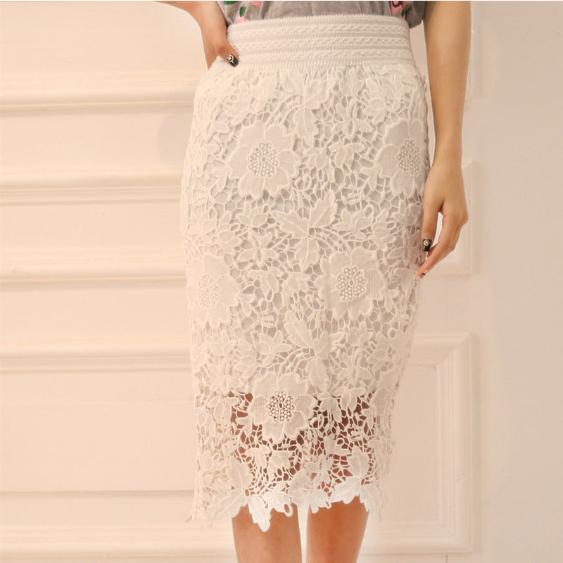 Elastic Waist High Waist Skirt Mid-length Milk Silk Hollow-out Lace Skirt