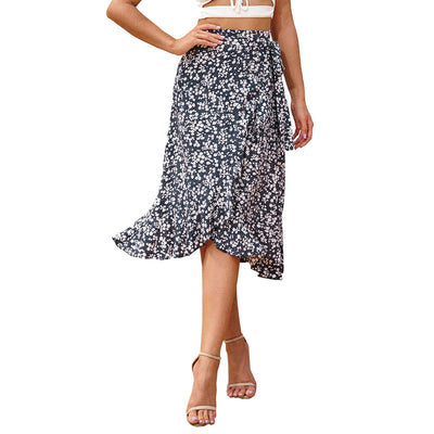 Retro Holiday Irregular Floral Wave Side Lace-Up Skirt